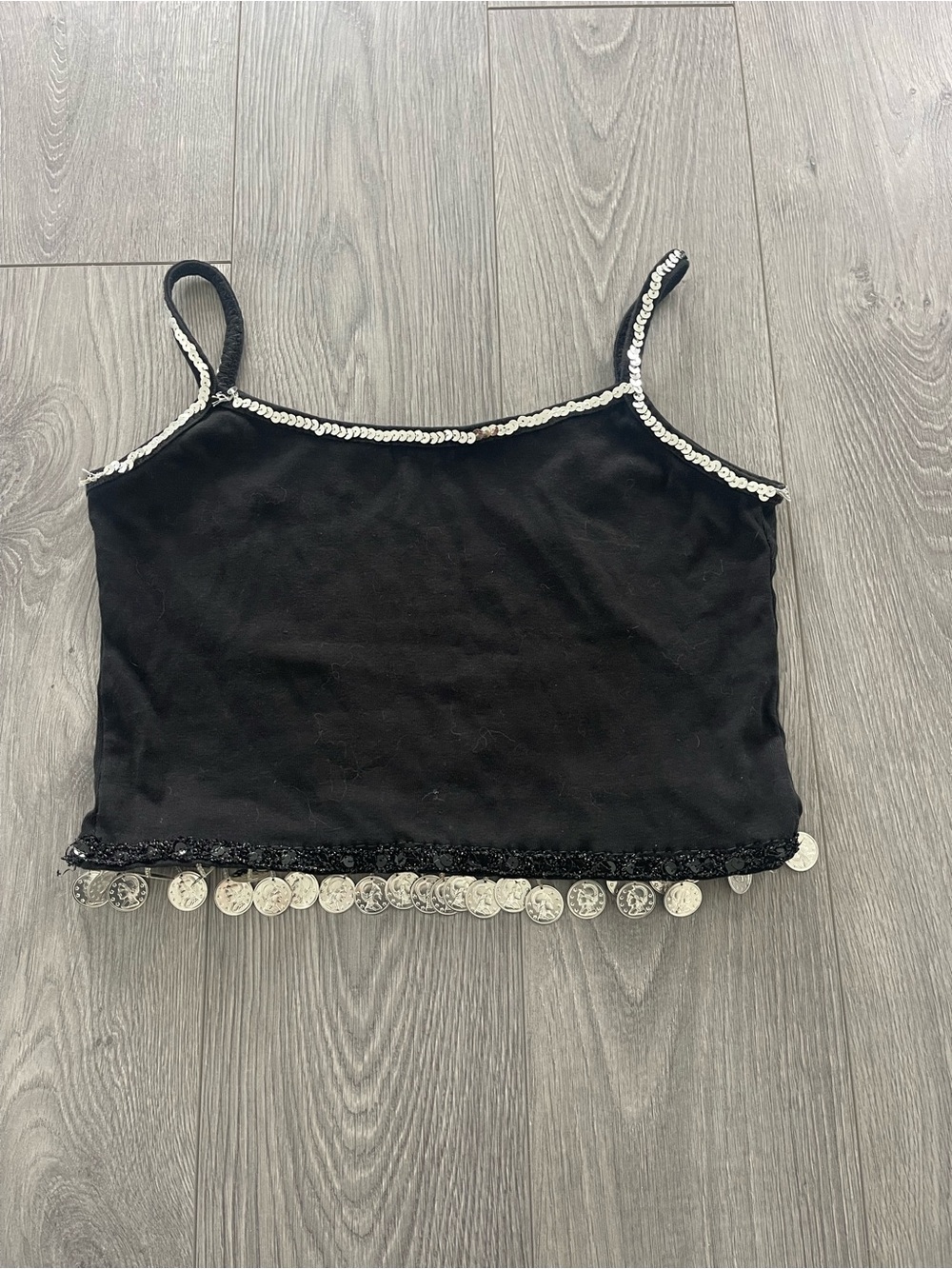 Source Unknown Black Sequin-Trim Coin Hem Cami